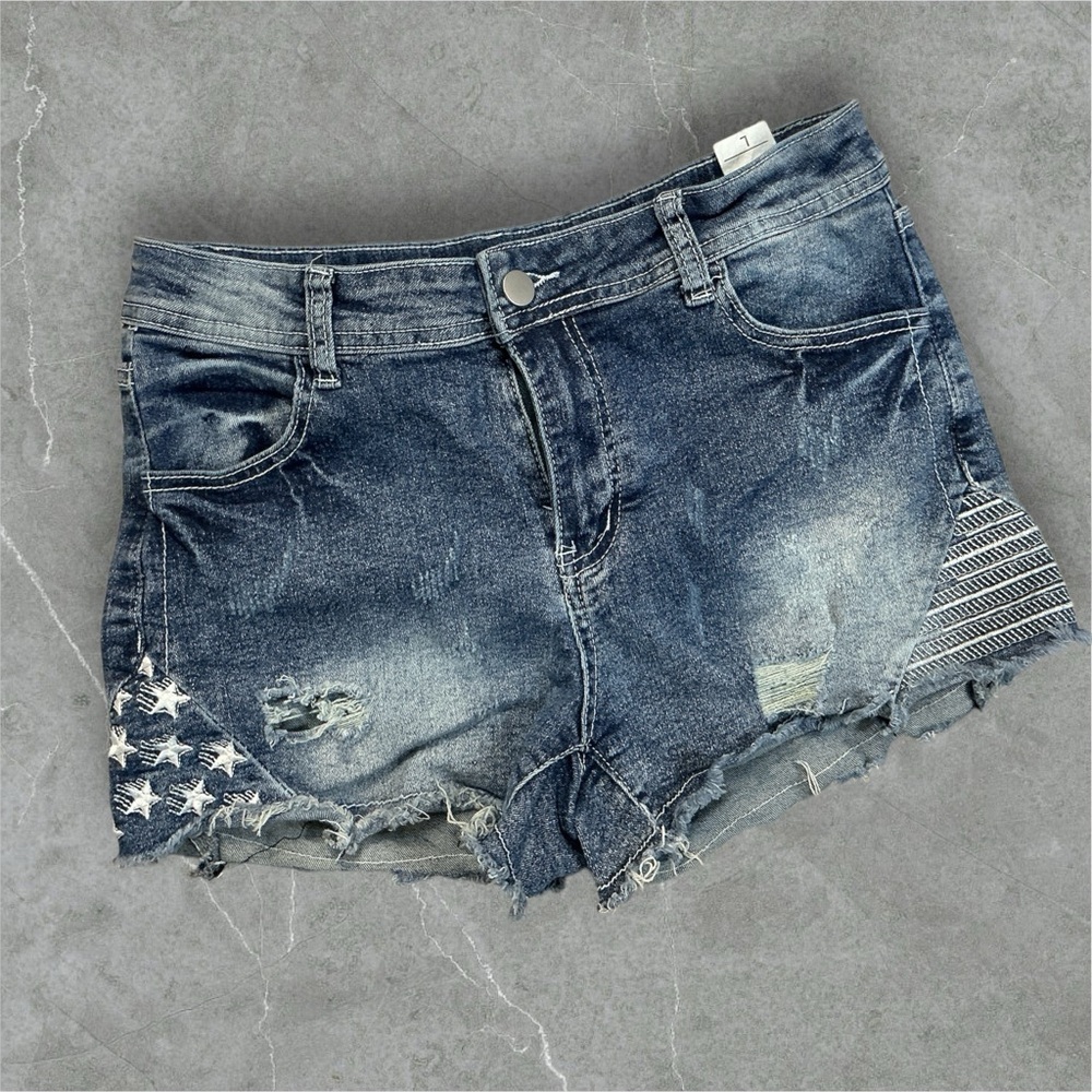 Blue Distressed Jean Shorts with Frayed Hem and Star Details